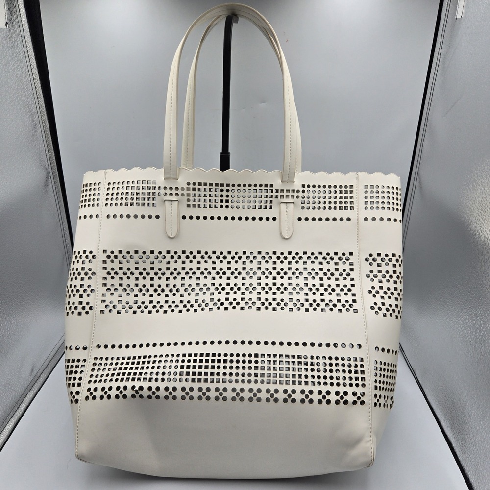 Chelsea28‎ White Summer Tote Bag XL Geometric Cutout Double Handle Beach Purse